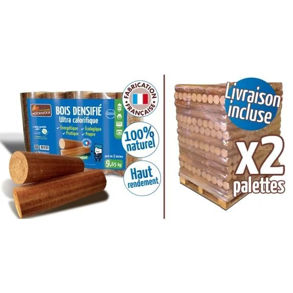 Bûches compressées Woodstock – 2 palettes de 208 sacs de 5 bûches